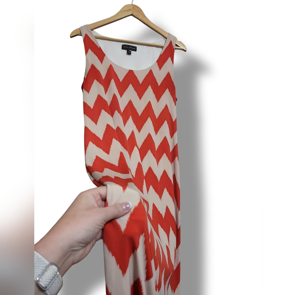 🌿Jessica Howard Women' Large Coral & Khaki Chevron Sleeveless Maxi Dress - Picture 5 of 12